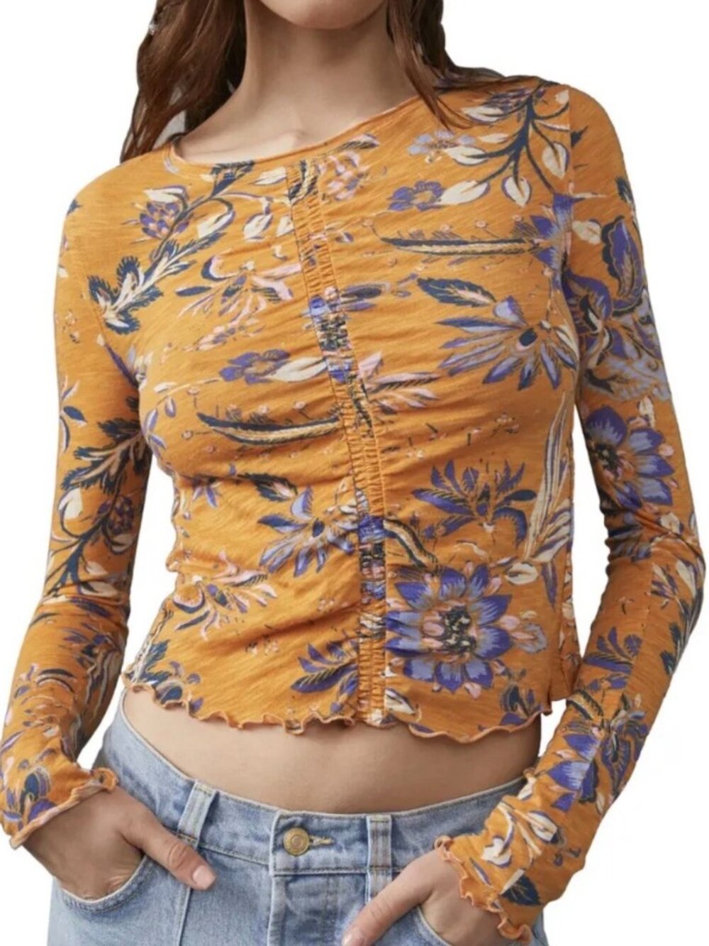 Free People We The Free Dreamed of You Floral Ruched Top Honey Combo Small NWT